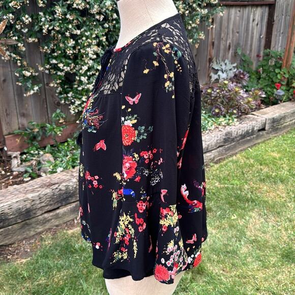Lily White Black Multicolored Floral Butterfly Bell Sleeve Chiffon Blouse Medium - Picture 8 of 11